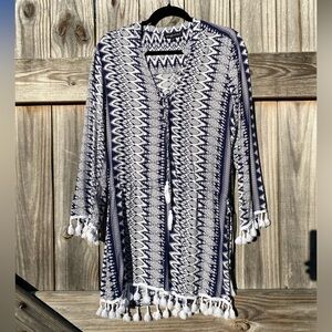 Spiaggia Dolce Navy and White Patterned Tunic with Tassels Size M